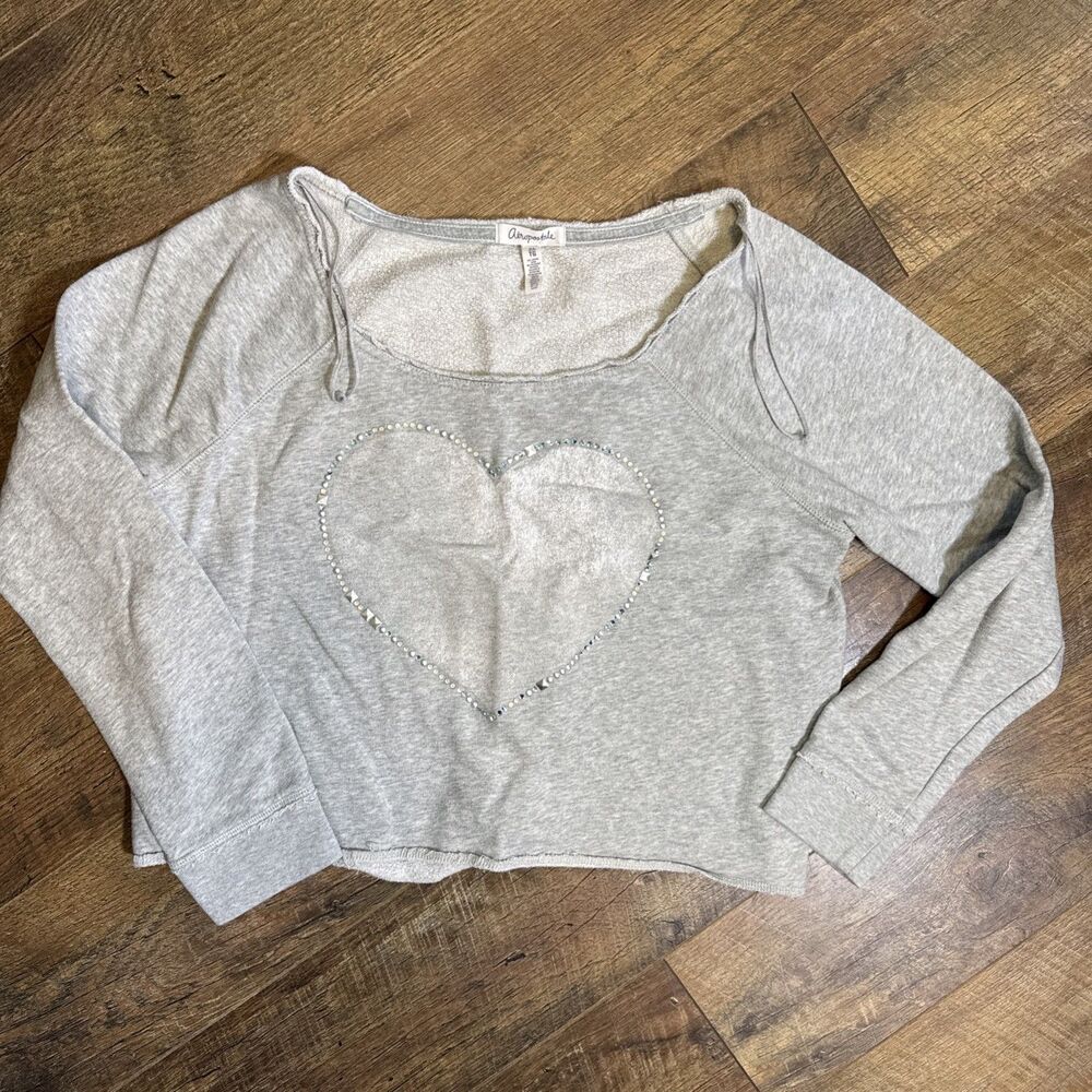 AEROPOSTALE Long Sleeve Cropped Studded Heart Crew Sweatshirt SIZE XL Y2K